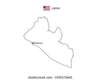 Hand draw thin black line vector of Liberia Map with capital city Monrovia on white background.