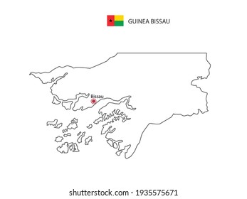 Hand draw thin black line vector of Guinea-Bissau Map with capital city Bissau on white background.