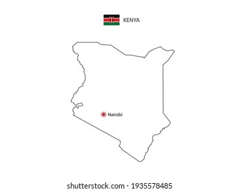 Hand draw thin black line vector of Kenya Map with capital city Nairobi on white background.