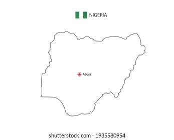 Hand draw thin black line vector of Nigeria Map with capital city Abuja on white background.