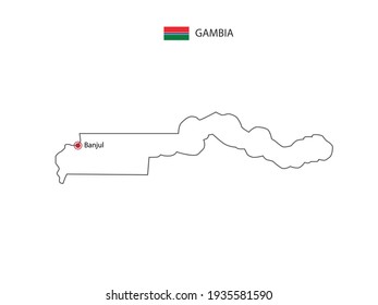 Dibujar a mano el delgado vector de línea negra del mapa de Gambia con la capital Banjul sobre fondo blanco.