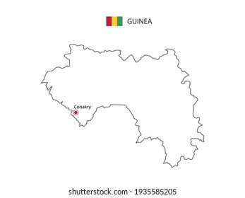 Hand draw thin black line vector of Guinea Map with capital city Conakry on white background.