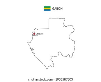 Dibujar a mano delgado vector de línea negra del mapa de Gabón con la ciudad capital Libreville sobre fondo blanco.