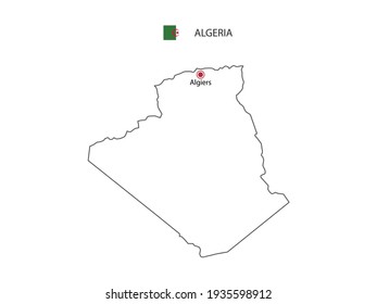 Dibujar a mano el delgado vector de línea negra del mapa de Argelia con la capital Argel sobre fondo blanco.