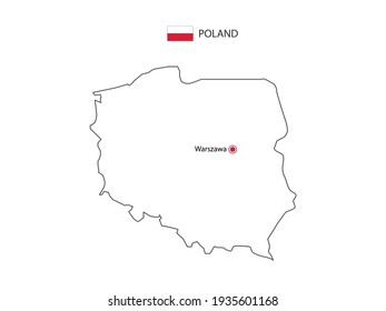 Hand draw thin black line vector of Poland Map with capital city Warszawa on white background.