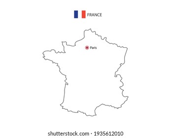 Hand draw thin black line vector of France Map with capital city Paris on white background.