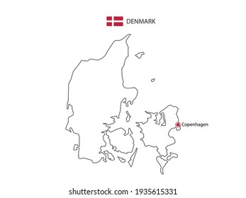 Dibujar a mano delgado vector de línea negra del mapa de Dinamarca con la capital Copenhague sobre fondo blanco.