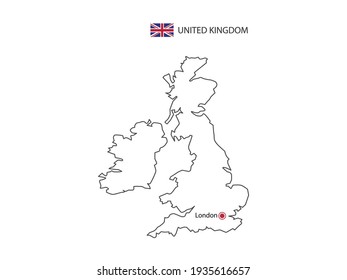 Hand draw thin black line vector of United Kingdom Map with capital city London on white background.