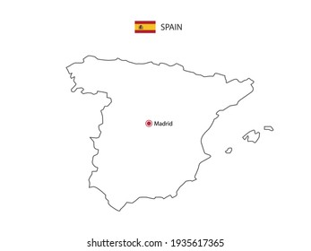 Hand draw thin black line vector of Spain Map with capital city Madrid on white background.
