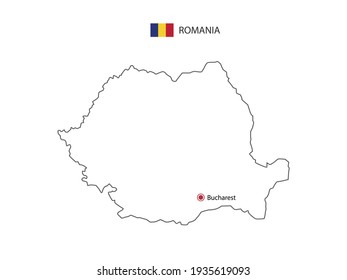 Hand draw thin black line vector of Romania Map with capital city Bucharest on white background.