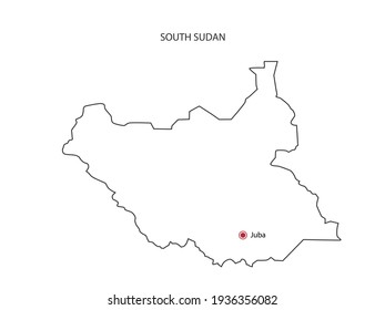Hand draw thin black line vector of South Sudan Map with capital city Juba on white background.