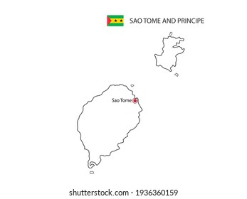 Hand draw thin black line vector of Sao Tome and Principe Map with capital city Sao Tome on white background.