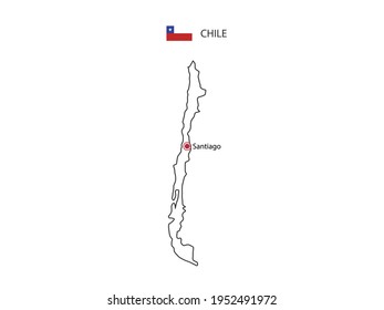 Hand draw thin black line vector of Chile Map with capital city Santiago on white background.