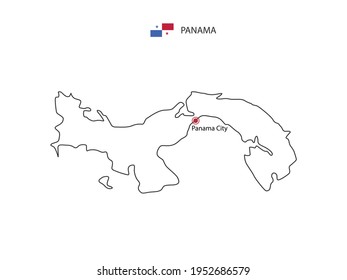 Hand draw thin black line vector of Panama Map with capital city Panama City on white background.