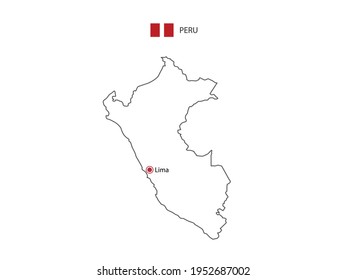 Hand draw thin black line vector of Peru Map with capital city Lima on white background.