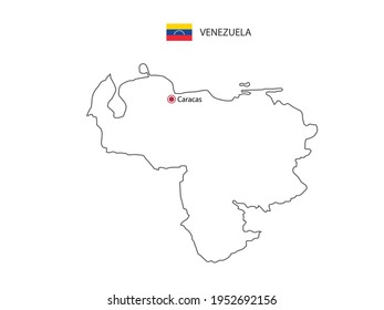 Hand draw thin black line vector of Venezuela Map with capital city Caracas on white background.