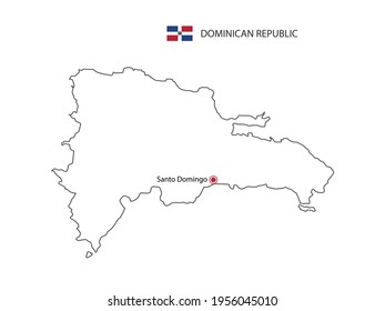 Hand draw thin black line vector of Dominican Republic Map with capital city Santo Domingo on white background.