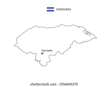 Hand draw thin black line vector of Honduras Map with capital city Tegucigalpa  on white background.