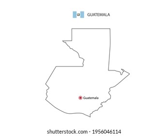 Hand draw thin black line vector of Guatemala Map with capital city Guatemala  on white background.