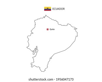 Dibujar a mano el delgado vector de línea negra del mapa de Ecuador con la capital Quito sobre fondo blanco.