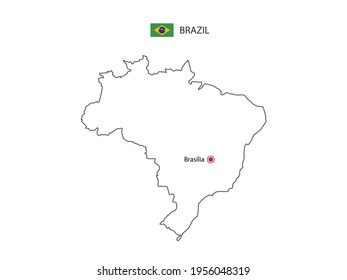 Hand zeichnen Sie dünne schwarze Linie Vektorgrafik von Brasilien Karte mit der Hauptstadt Brasília auf weißem Hintergrund.