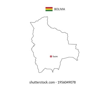 Hand draw thin black line vector of Bolivia Map with capital city Sucre on white background.