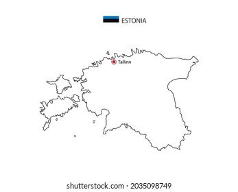 Hand draw thin black line vector of Estonia Map with capital city Tallinn on white background.