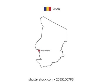 Dibujar a mano el delgado vector de línea negra del mapa de Chad con la capital, Nyamena, sobre fondo blanco.