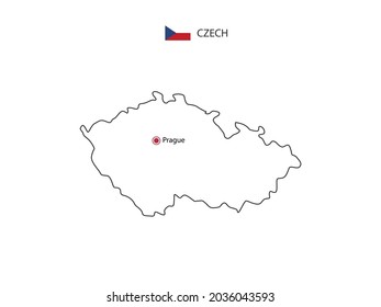 Dibujar a mano delgado vector de línea negra del mapa de la República Checa con la ciudad capital Praga sobre fondo blanco.