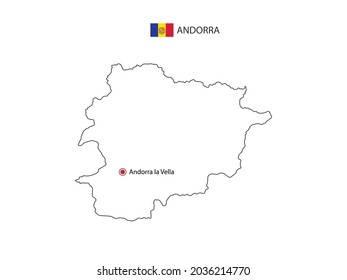 Hand draw thin black line vector of Andorra Map with capital city Andorra la Vella on white background.