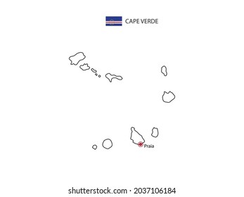 Hand draw thin black line vector of Cape Verde Map with capital city Praia on white background.