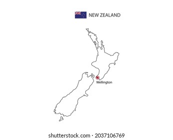 Dibujar a mano delgado vector de línea negra del mapa de Nueva Zelanda con la capital Wellington sobre fondo blanco.
