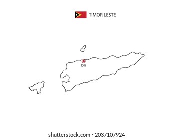 Dibujar a mano el delgado vector de línea negra del Mapa de Timor Oriental con la capital Dili sobre fondo blanco.