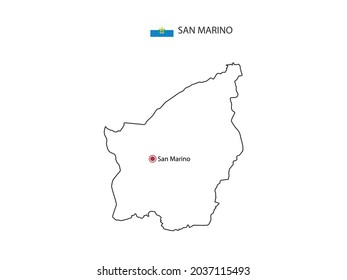 Hand draw thin black line vector of San Marino Map with capital city San Marino on white background.