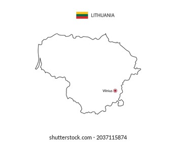 Hand draw thin black line vector of Lithuania Map with capital city Vilnius on white background.