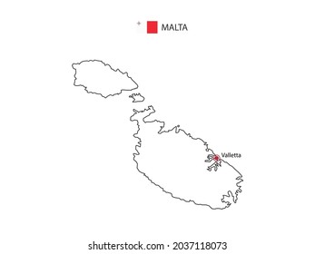 Dibujar a mano delgado vector de línea negra del Mapa de Malta con la capital La Valeta sobre fondo blanco.