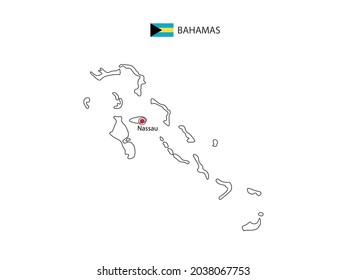 Hand draw thin black line vector of Bahamas Map with capital city Nassau on white background.