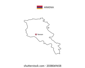 Dibujar a mano el delgado vector de línea negra del Mapa de Armenia con la capital Ereván sobre fondo blanco.
