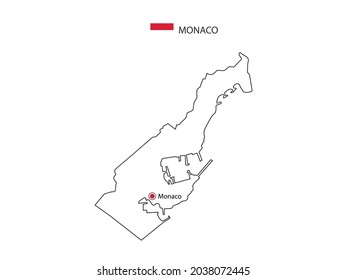 Hand draw thin black line vector of Monaco Map with capital city Monaco on white background.