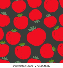 Hand draw tomato seamless pattern in vector format. Large red tomatoes with green leaves on dark background