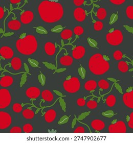 Hand draw tomato seamless pattern in vector format. Red tomatoes with green leaves on dark background.