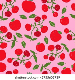 Hand draw tomato seamless pattern in vector format. Red tomatoes with green leaves on pink background.