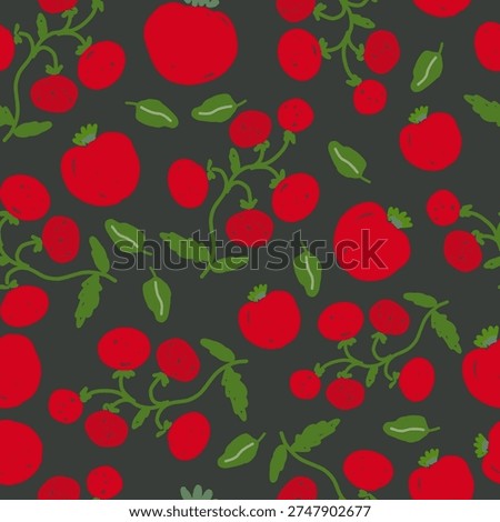 Hand draw tomato seamless pattern in vector format. Red tomatoes with green leaves on dark background.