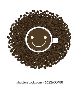 Hand draw top view coffee cup and coffee beans on white background, Cartoon doodle style, Coffee concept. 