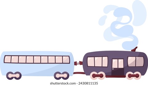 Hand draw trains with two carriages and smoke isolated on white. Vector illustration in retro style.Travelling on train. Single modern train. Railroad transport. Flat syle.Tourism.