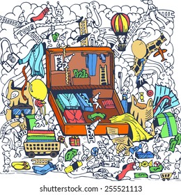 hand draw travel backpack with clothing sketch background design. Vector illustration concept