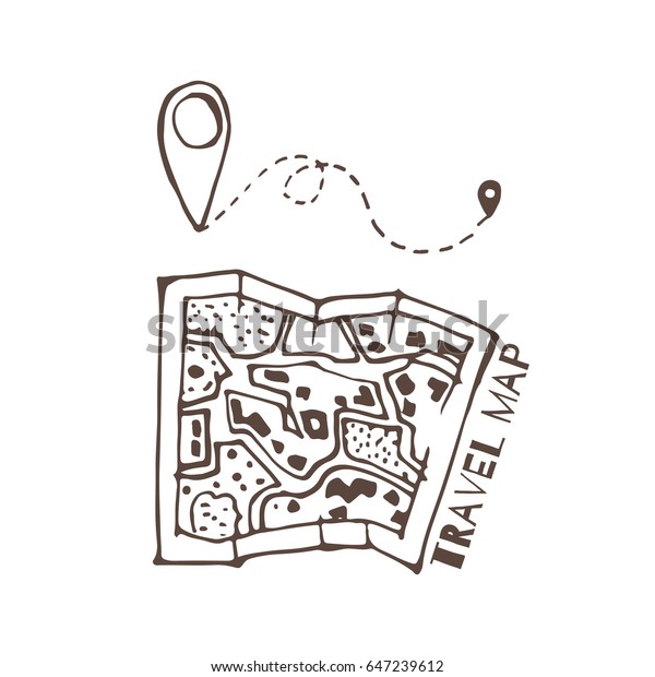 地理タグシンボルを持つ手描きの旅行マップ 落書き スケッチ スキーム ポインタ 白い背景にベクターイラスト のベクター画像素材 ロイヤリティフリー