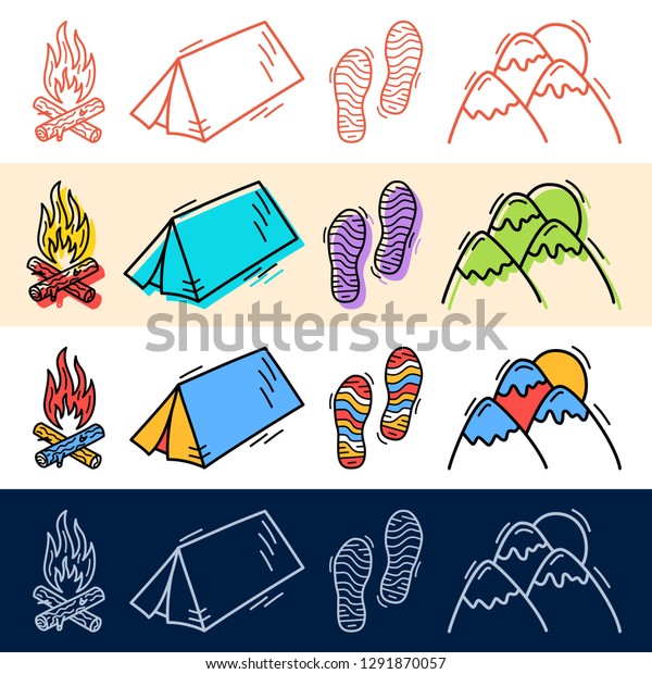 Hand draw travel tent, step, mountain icon set in\
doodle style for your\
design.