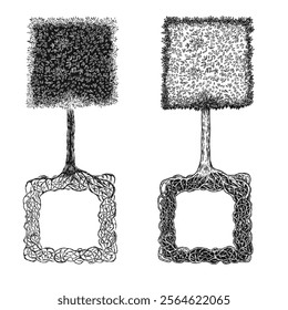 Hand draw tree with square crown and roots in monochrome ink sketch style. Creative vector botanical illustration.