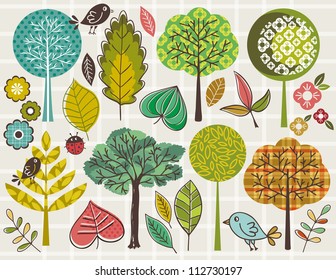 hand draw  trees and leafs over checked background, vector